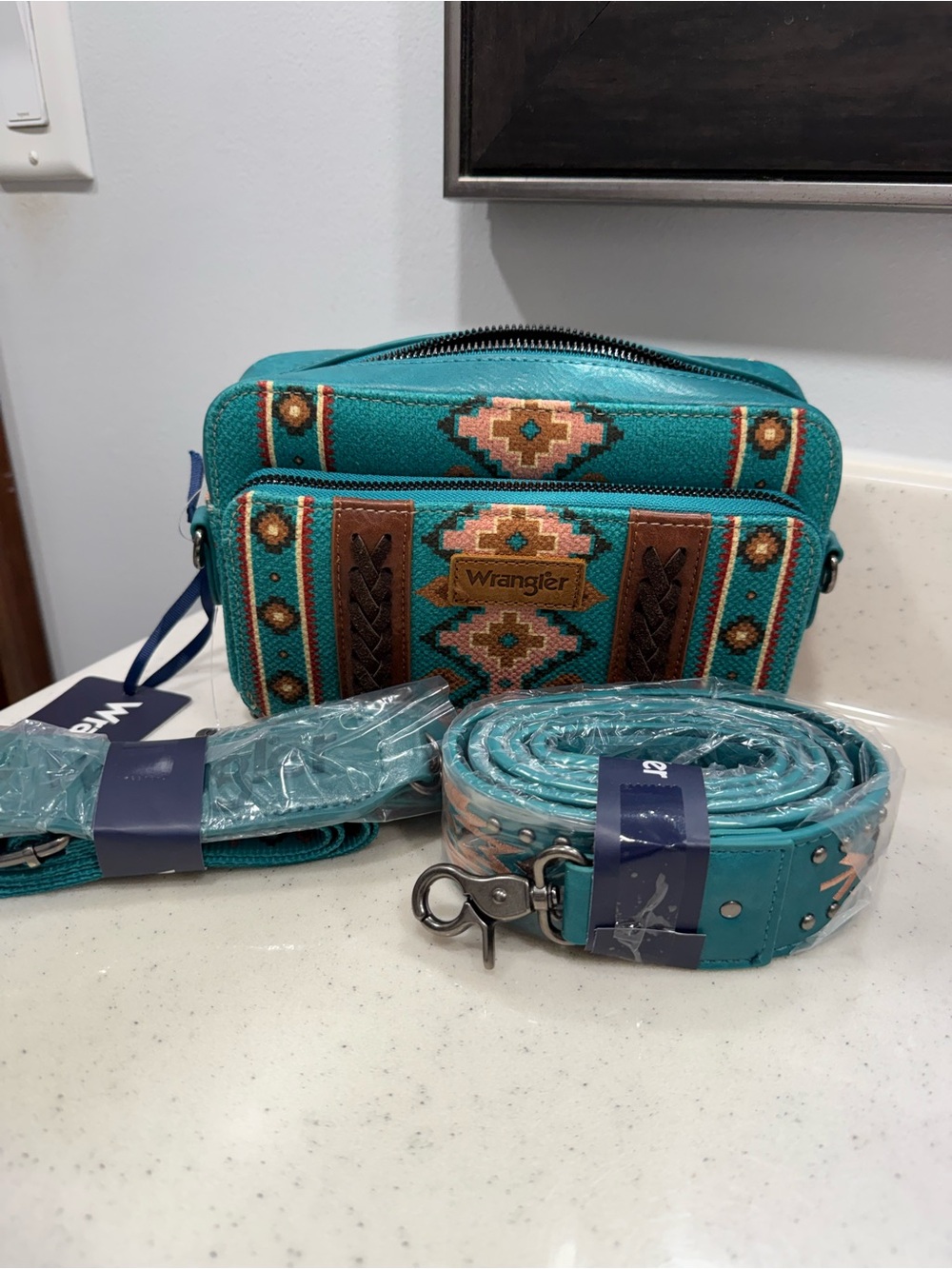 Wrangler Teal Embroidered Southwestern Crossbody Bag